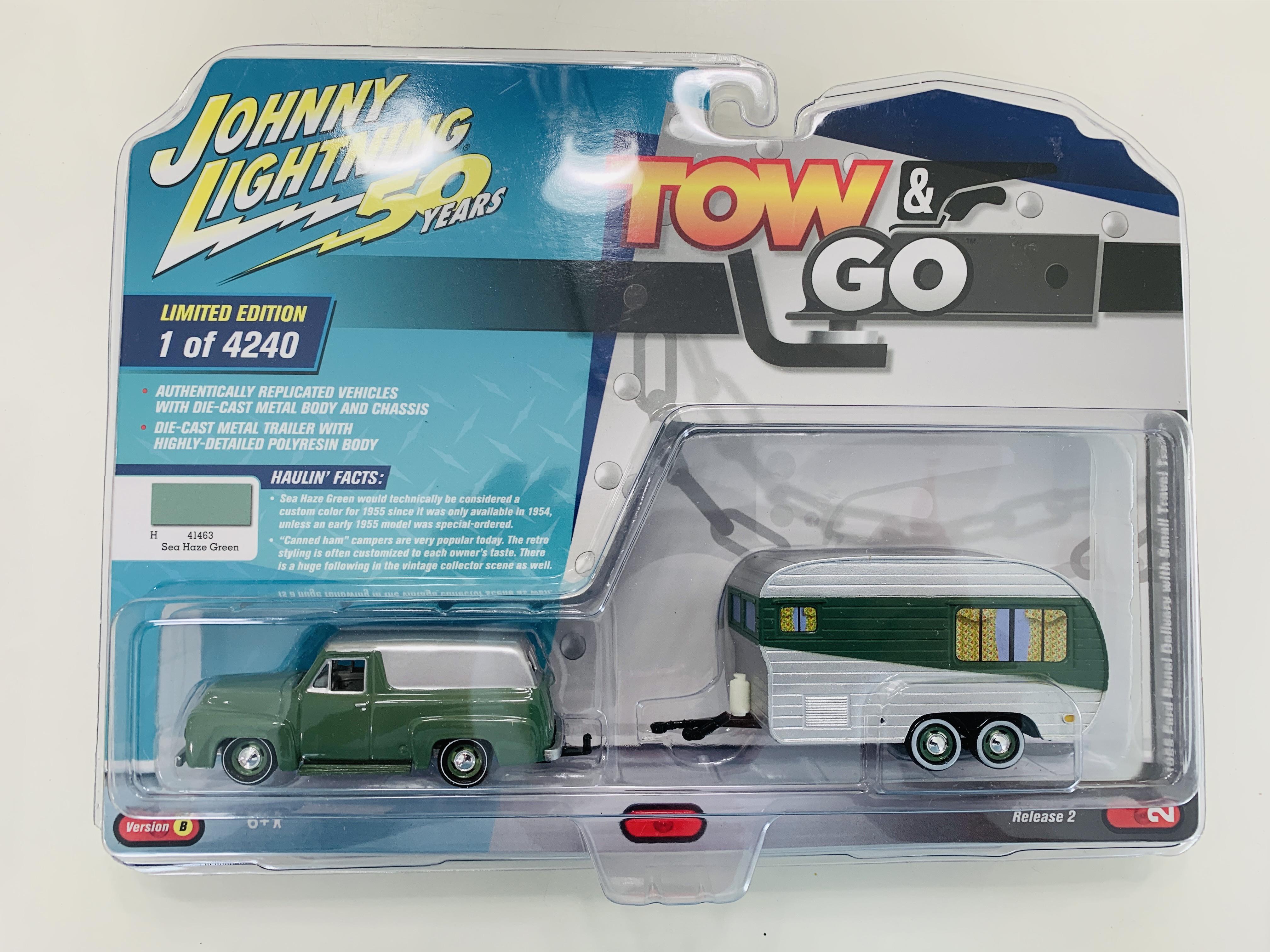 Johnny Lightning Tow & Go 1955 Ford Panel Delivery with Small Travel Trailer