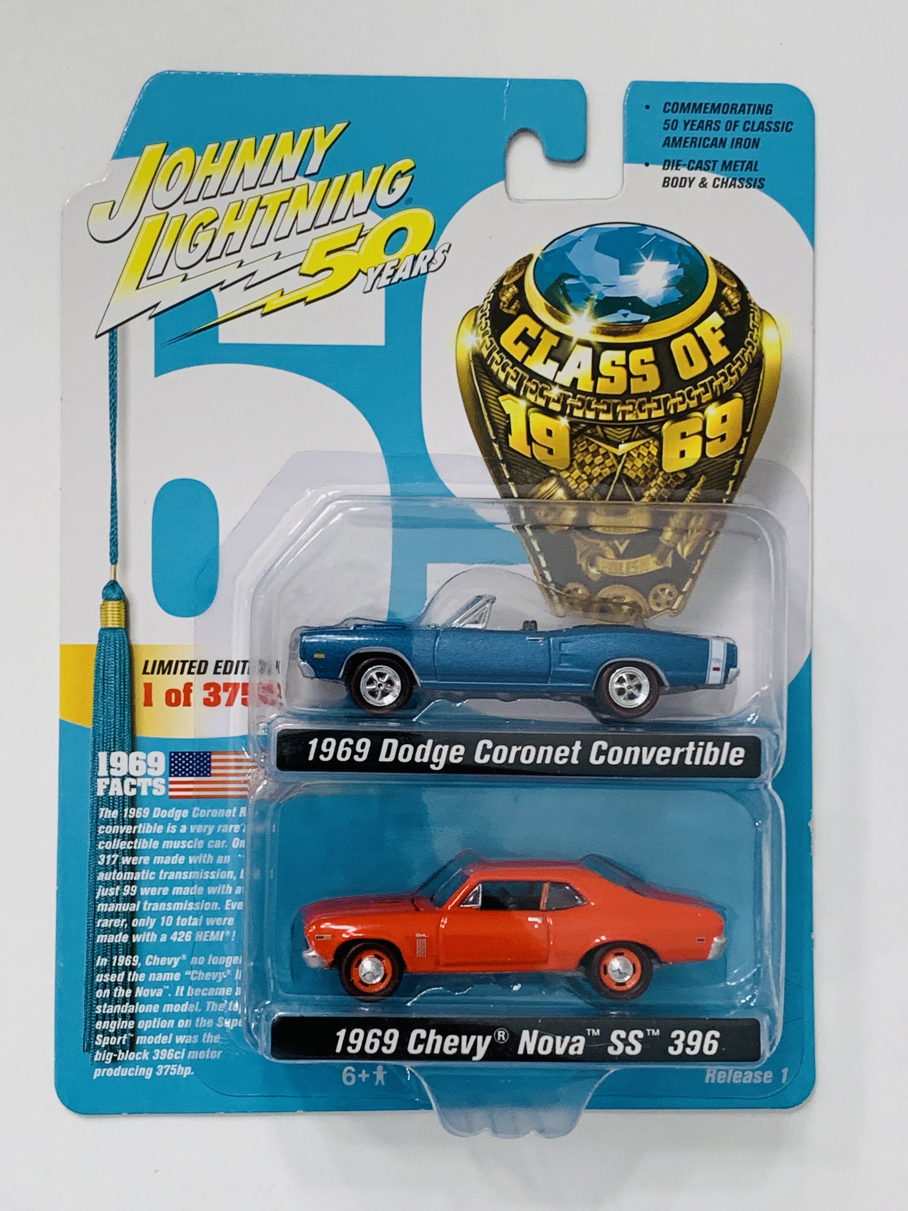 Johnny Lightning 50th Anniversary Two Pack - 1969 Dodge Coronet Convertible and 1969 Chevy Nova SS 396